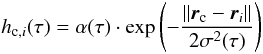Mathematical equation: \begin{equation} h_{{\rm c},i}(\tau)=\alpha(\tau)\cdot \exp{\left(-\frac{\left\|\vec{r}_{\rm c}-\vec{r}_i\right\|}{2\sigma^2(\tau)} \right) } \label{eq:hci} \end{equation}