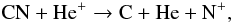 Mathematical equation: \appendix \setcounter{section}{1} \begin{equation} {\rm CN + He^+ \rightarrow C + He + N^+}, \label{twob} \end{equation}