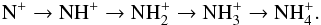 Mathematical equation: \appendix \setcounter{section}{1} \begin{equation} {\rm N^+ \rightarrow NH^+ \rightarrow NH_2^+ \rightarrow NH_3^+ \rightarrow NH_4^+}. \label{three} \end{equation}