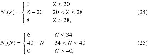 Mathematical equation: \begin{eqnarray} \label{eq:np} &&N_{\rm p}(Z) = \left\{ \begin{array}{l@{\hskip6mm}l} 0 & Z \le 20 \\[0.5mm] Z-20 & 20<Z \le 28 \\[0.5mm] 8 & Z>28, \end{array} \right. \, \\[3mm] \label{eq:nh} &&N_{\rm h}(N) = \left\{ \begin{array}{l@{\hskip6mm}l} 6 & N \le 34 \\[0.5mm] 40-N & 34<N \le 40 \\[0.5mm] 0 & N>40, \end{array} \right. \, \end{eqnarray}