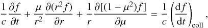 Mathematical equation: \begin{equation} \frac{1}{c} \frac{\partial f}{\partial t} + \frac{\mu}{r^2} \frac{\partial (r^2 f)}{\partial r} + \frac{1}{r} \frac{\partial [(1-\mu^2)f]}{\partial \mu} = \frac{1}{c} \left(\frac{\der f}{\der t}\right)_{\rm coll}, \label{eq:boltzmann} \end{equation}