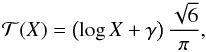 Mathematical equation: \begin{equation} \label{eq:wahba} {\cal T}(X) = \left( \log X + \gamma \right) \frac{\sqrt6}{\pi}, \end{equation}
