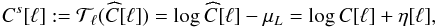 Mathematical equation: \begin{equation} \label{eq:vst} C^{s}[\ell] := {\cal T}_\ell (\widehat{C}[\ell]) = \log \widehat{C}[\ell] -\mu_L = \log C[\ell] + \eta[\ell] , \end{equation}