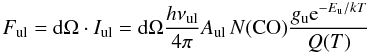 Mathematical equation: \appendix \setcounter{section}{2} \begin{equation} \label{eq:rotbas} F_{\rm ul} = {\rm d}\Omega \cdot I_{\rm ul} = {\rm d}\Omega \frac{h\nu_{\rm ul}}{4\pi} A_{\rm ul} \, N({\rm CO}) \frac{g_{\rm u} {\rm e}^{-E_{\rm u}/k T}}{Q(T)} \, \end{equation}