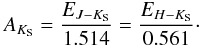 Mathematical equation: \begin{equation} A_{K_{\rm S}} = \frac{E_{J-K_{\rm S}}}{1.514} = \frac{E_{H-K_{\rm S}}}{0.561}\cdot \end{equation}