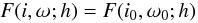 Mathematical equation: \begin{equation} \label{levelcurves_i} F(i,\omega_\koz;h)=F(i_{0},\omega_{\koz{0}};h) \end{equation}