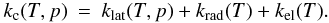 Mathematical equation: \begin{eqnarray} \label{eqs:cond000} k_{\rm c}(T,p) = k_{\rm lat}(T,p) + k_{\rm rad}(T) + k_{\rm el}(T). \label{eq:conductivity000} \end{eqnarray}