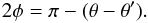 Mathematical equation: \begin{equation} 2 \phi = \pi - (\theta - \theta'). \end{equation}