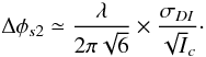 Mathematical equation: \begin{equation} \Delta \phi_{s2} \simeq \frac{\lambda}{2\pi \sqrt6} \times \frac{\sigma_{DI}}{\sqrt I_{c}}\cdot \label{E} \end{equation}