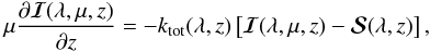 Mathematical equation: \begin{eqnarray} \mu \frac{{\partial {\bm{\mathcal I}}(\lambda, \mu, z)} }{\partial z}= -k_{\rm tot}(\lambda, z) \left[{\bm{\mathcal I}}(\lambda, \mu, z) - {\bm{\mathcal S}}(\lambda, z)\right], \label{transfer} \end{eqnarray}