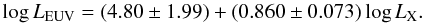 Mathematical equation: \begin{equation} \log L_{\rm EUV} = (4.80 \pm 1.99) + (0.860 \pm 0.073) \log L_{\rm X}. \end{equation}