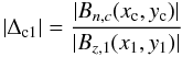 Mathematical equation: \begin{equation} \label{eq:Delta_m3} | \Delta _{\rm c1}| = {|B_{n,c}(\rmx,\rmy)| \over |B_{z,1}(x_1,y_1)|} \end{equation}