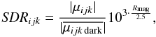 Mathematical equation: \begin{equation} {\it SDR}_{ijk}=\frac{\vert\mu_{ijk}\vert}{\vert\overline{\mu_{ijk\,{\rm dark}}}\vert}10^{3\cdot\frac{\,R_{\rm mag}}{2.5}}, \end{equation}