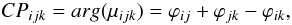 Mathematical equation: \begin{equation} CP_{ijk}=arg(\mu_{ijk})=\varphi_{ij}+\varphi_{jk}-\varphi_{ik}, \label{eq:CPijk} \end{equation}