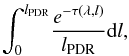 Mathematical equation: \begin{equation} \int_{0}^{l_{\rm PDR}} \! \frac{e^{-\tau(\lambda,l)}}{l_{\rm PDR}} {\rm d}l, \label{eq:selfabs} \end{equation}