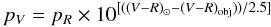 Mathematical equation: \begin{equation} \label{albedoconversion} p_{V}= p_{R}\times 10^{[((V-R)_{\odot}-(V-R)_{\rm obj}))/2.5]} \end{equation}