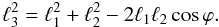 Mathematical equation: \begin{equation} \ell_3^2= \ell_1^2+\ell_2^2 - 2\ell_1\ell_2\cos\varphi . \end{equation}