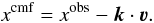 Mathematical equation: \begin{equation} \xcmf = \xobs - \vec{k} \cdot \vec{\vel}. \end{equation}