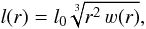 Mathematical equation: \begin{equation} l(r)=l_{0}\sqrt[3]{r^{2}\,\varw(r)},\label{l0} \end{equation}