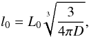 Mathematical equation: \begin{equation} l_{0}=L_{0}\sqrt[3]{\frac{3}{4\pi D}},\label{l01} \end{equation}