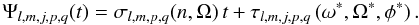 Mathematical equation: \begin{equation} \label{Psi} \Psi_{l,m,j,p,q}(t) = \sigma_{l,m,p,q} (n,\Omega) \, t + \tau_{l,m,j,p,q}\left( \omega^*, \Omega^*, \phi^* \right) . \end{equation}