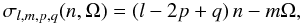 Mathematical equation: \begin{equation} \sigma_{l,m,p,q} (n,\Omega) = (l-2p+q) \, n - m \Omega , \end{equation}