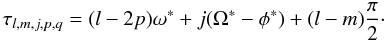 Mathematical equation: \begin{equation} \tau_{l,m,j,p,q} = (l-2p)\omega^* + j(\Omega^*-\phi^*) + (l-m)\frac{\pi}{2}\cdot \end{equation}