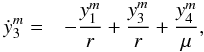 Mathematical equation: \appendix \setcounter{section}{1} % subequation 5248 2 \begin{eqnarray} \dot{y}^m_3 =&& - \frac{y^m_1}{r} + \frac{y^m_3}{r} + \frac{y^m_4}{\mu} , \end{eqnarray}