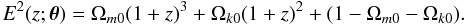 Mathematical equation: \begin{equation} E^2(z; \boldsymbol{\theta})= \Omega_{m0}(1+z)^3 +\Omega_{k0}(1+z)^2 +(1-\Omega_{m0}-\Omega_{k0}). \end{equation}