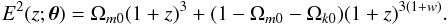 Mathematical equation: \begin{equation} E^2(z; \boldsymbol{\theta})= \Omega_{m0}(1+z)^3 + (1-\Omega_{m0}-\Omega_{k0})(1+z)^{3(1+w)}. \end{equation}