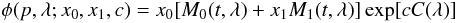Mathematical equation: \begin{equation} \phi(p,\lambda; x_0,x_1,c)=x_0[M_0(t,\lambda)+x_1M_1(t,\lambda)] \exp [cC(\lambda)] \label{salt2restflux} \end{equation}