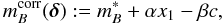 Mathematical equation: \begin{equation} m^\mathrm{corr}_B(\boldsymbol{\delta}):=m_B^{\ast}+\alpha x_1 -\beta c , \label{m_corr} \end{equation}