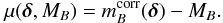 Mathematical equation: \begin{equation} \mu(\boldsymbol{\delta},M_B) = m^\mathrm{corr}_B(\boldsymbol{\delta}) - M_B . \end{equation}