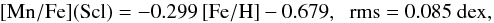 Mathematical equation: \begin{equation*} \mathrm{[Mn/Fe](Scl)} = -0.299\, \mathrm{[Fe/H]} - 0.679\mathrm{,}~~~\mathrm{rms} =0.085 ~\mathrm{dex,} \end{equation*}