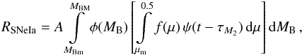 Mathematical equation: \begin{equation} R_{\rm SNe Ia}=A\int\limits^{M_{\rm BM}}_{M_{\rm Bm}}\phi(M_{\rm B}) \left[\int\limits^{0.5}_{\mu_{\rm m}}f(\mu)\,\psi(t-\tau_{M_{2}})\,{\rm d}\mu\right] {\rm d}M_{\rm B}\,\mathrm{,} \end{equation}
