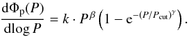 Mathematical equation: \begin{equation} \frac{\mathrm{d}\Phi_\mathrm{p}(P)}{\mathrm{d}\!\log P} = k \cdot P^{\,\beta} \left ( 1-\mathrm{e}^{-(P/P_\mathrm{cut})^\gamma} \right ). \end{equation}