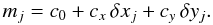 Mathematical equation: \begin{equation} m_j = c_0 + c_x \,\delta x_j + c_y \,\delta y_j. \end{equation}