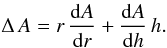 Mathematical equation: \begin{equation} \Delta\,A = r\,\frac{{\rm d}A}{{\rm d}r}+\frac{{\rm d}A}{{\rm d}h}\,h. \label{eq:abundances1} \end{equation}
