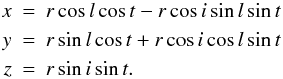 Mathematical equation: \begin{eqnarray} \label{xyz} x & = & r \cos l \cos t - r \cos i \sin l \sin t \nn \\ y & = & r \sin l \cos t + r \cos i \cos l \sin t \\ z & = & r \sin i \sin t. \nn \end{eqnarray}