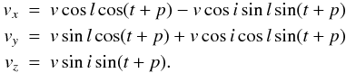 Mathematical equation: \begin{eqnarray} \label{vxvyvz} v_x & = & v \cos l \cos (t+p) - v \cos i \sin l \sin (t+p) \nn \\ v_y & = & v \sin l \cos (t+p) + v \cos i \cos l \sin (t+p) \\ v_z & = & v \sin i \sin (t+p). \nn \end{eqnarray}