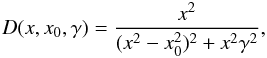 Mathematical equation: \begin{equation} D(x, x_0, \gamma) = \frac{x^2}{(x^2-x_0^2)^2+x^2\gamma^2}, \end{equation}