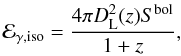Mathematical equation: \begin{equation} {\cal E}_{\gamma, {\rm iso}}={4\pi D_{\rm L}^2(z)S^{\rm bol}\over 1+z} , \end{equation}