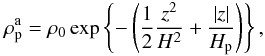 Mathematical equation: \begin{equation} \label{eq:simple_rho} \rho_{\rm p}^{\rm a} = \rho_0 \exp\left\{- \left( \frac{1}{2} \frac{z^2}{H^2} + \frac{|z|}{H_\mathrm{p}} \right) \right\}, \end{equation}