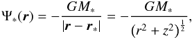 Mathematical equation: \appendix \setcounter{section}{1} \begin{equation} \label{eq:starpot} \Psi_\mathrm{*}(\vec{r}) = - \frac{G M_\mathrm{*}} {\left| \vec{r} - \vec{r}_\mathrm{*} \right|} = - \frac{G M_\mathrm{*}} {\left( r^2 + z^2 \right)^\frac{1}{2}}, \end{equation}