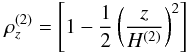 Mathematical equation: \appendix \setcounter{section}{2} \begin{equation} \label{eq:profile_t2} \rho_z^{(2)} = \left[ 1 - \frac{1}{2} \left(\frac{z}{H^{(2)}} \right)^2 \right] \end{equation}