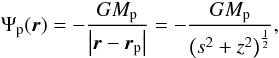 Mathematical equation: \begin{equation} \label{eq:planetpot} \Psi_\mathrm{p}(\vec{r}) = - \frac{G M_\mathrm{p}} {\left| \vec{r} - \vec{r}_\mathrm{p} \right|} = - \frac{G M_\mathrm{p}} {\left( s^2 + z^2 \right)^\frac{1}{2}} , \end{equation}