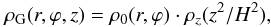 Mathematical equation: \begin{equation} \label{eq:densvert} \rho_{\rm G} (r, \varphi, z) = \rho_0 (r,\varphi) \cdot \rho_z (z^2/H^2) , \end{equation}