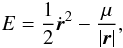 Mathematical equation: \begin{eqnarray} E=\frac{1}{2}\dot{\vec{r}}^2 -\frac{\mu}{|\vec{r}|} , \label{eq:E} \notag \end{eqnarray}