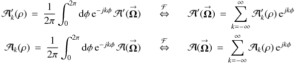 Mathematical equation: % subequation 2079 1 \begin{eqnarray} \label{Eq:AFourier} \mathcal{A}_{k}^{\prime}(\rho) \, = \, \frac{1}{2\pi} \int_{0}^{2\pi} {\rm d}\phi \, {\rm e}^{-jk\phi} \, \mathcal{A}^{\prime}(\vecbf{\Omega}) &~~~~ \stackrel{\mathcal{F}}{\Leftrightarrow} ~~~~& \mathcal{A}^{\prime}(\vecbf{\Omega}) \, = \, \sum_{k=-\infty}^{\infty} \mathcal{A}_{k}^{\prime}(\rho) \, {\rm e}^{jk\phi} \nonumber \\ \mathcal{A}_{k}(\rho) \, = \, \frac{1}{2\pi} \int_{0}^{2\pi} {\rm d}\phi \, {\rm e}^{-jk\phi} \, \mathcal{A}(\vecbf{\Omega}) &~~~~ \stackrel{\mathcal{F}}{\Leftrightarrow} ~~~~& \mathcal{A}(\vecbf{\Omega}) \, = \, \sum_{k=-\infty}^{\infty} \mathcal{A}_{k}(\rho) \, {\rm e}^{jk\phi} \end{eqnarray}