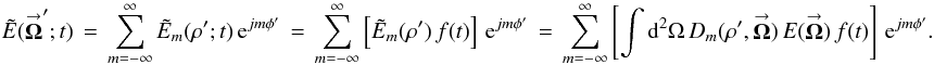 Mathematical equation: \appendix \setcounter{section}{1} % subequation 2670 1 \begin{equation} \label{Eq:TelResponse3} \tilde{E}(\vecbf{\Omega}^{\prime};t) \, = \, \sum_{m=-\infty}^{\infty} \tilde{E}_{m}(\rho^{\prime};t) \, {\rm e}^{jm \phi^{\prime}} \, = \, \sum_{m=-\infty}^{\infty} \left[ \tilde{E}_{m}(\rho^{\prime}) \, f(t) \right] \, {\rm e}^{jm \phi^{\prime}} \, = \, \sum_{m=-\infty}^{\infty} \left[ \int {\rm d}^{2}\Omega \, D_{m}(\rho^{\prime},\vecbf{\Omega}) \, E(\vecbf{\Omega}) \, f(t) \right] \, {\rm e}^{jm \phi^{\prime}} . ~~~~~~ \end{equation}
